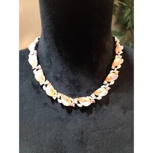 Women's Leaf Necklace Pink Enamel Floral Rhinestone Choker Hook Clasp Jewelry